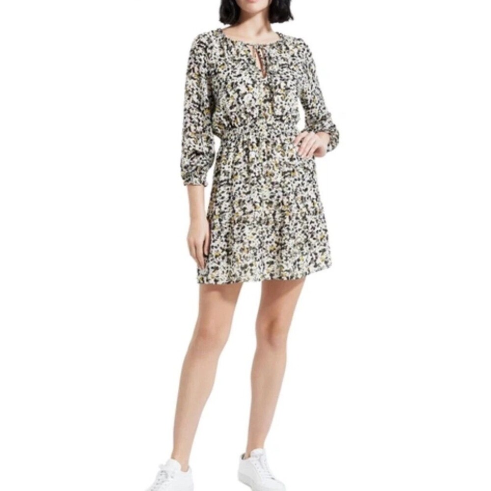 Theory 100% Silk Floral Mini Dress Women’s 3/4 Sleeve Tie Neck Fit Flare Size S